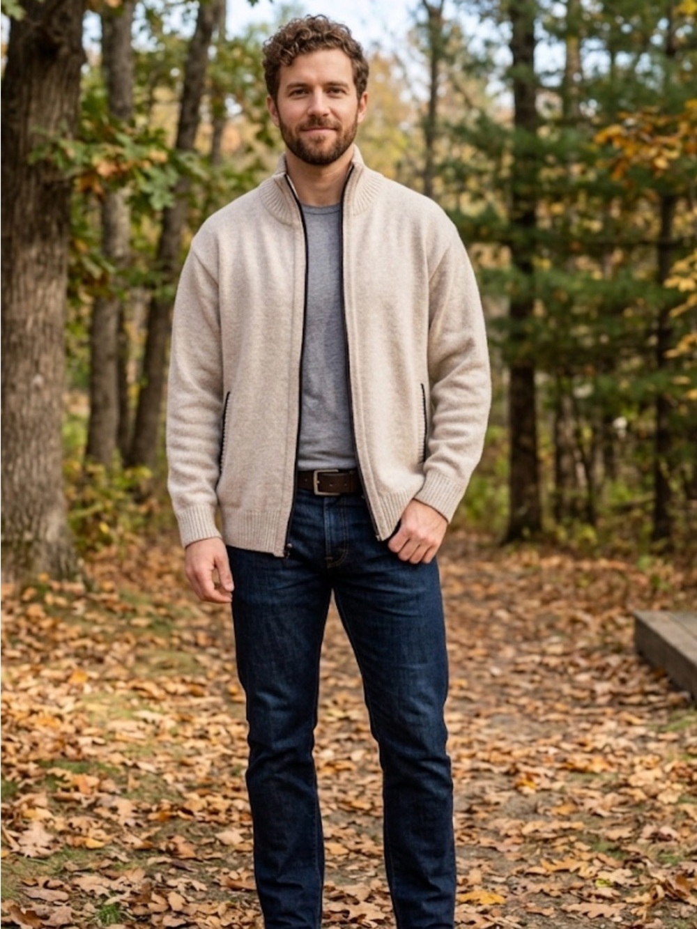 Yeokou Men's Zip-Front Lightweight Cardigan Sweater - Cream  xl